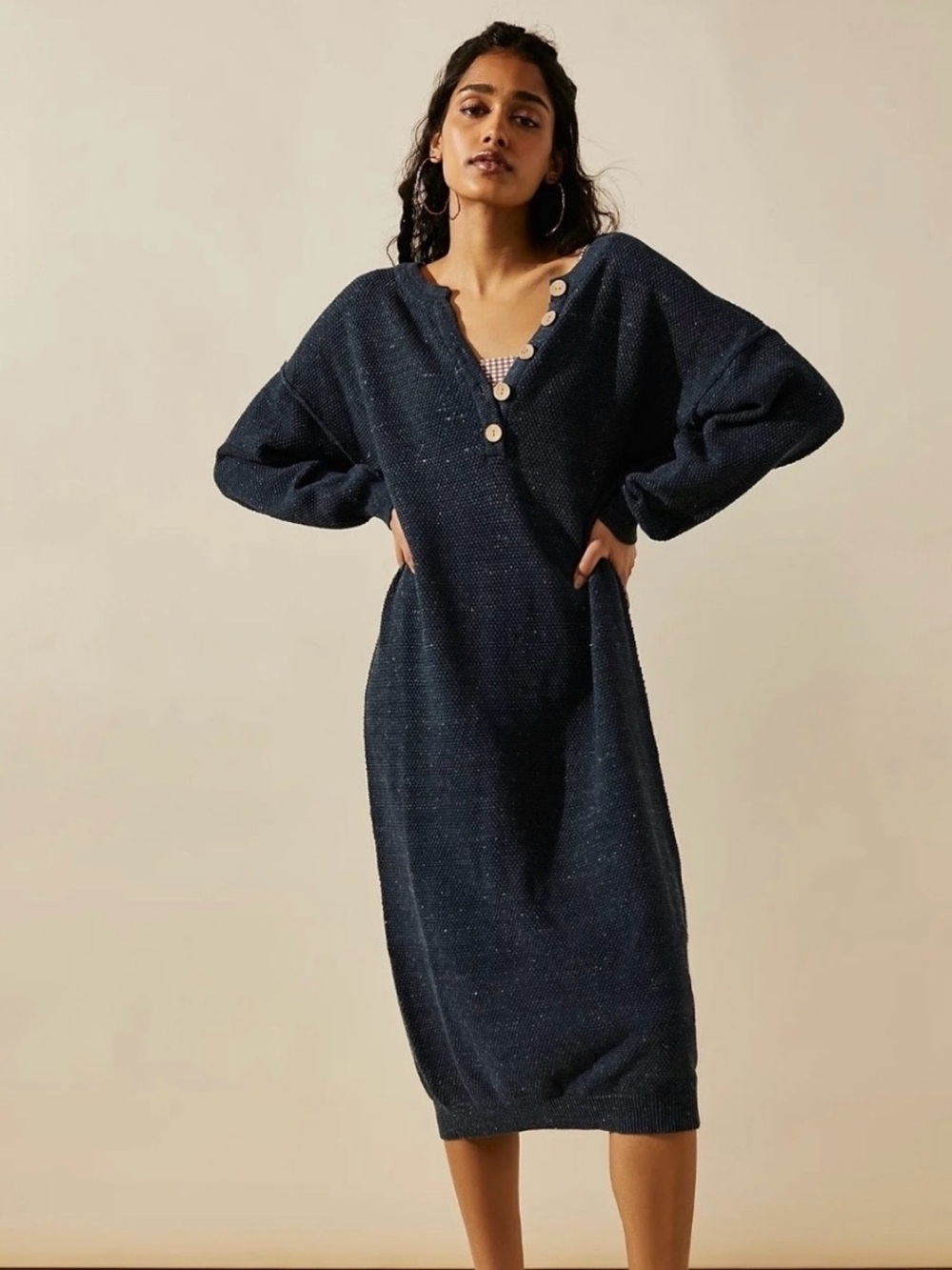 Free people haliee beach dress Navy Button-Front Knit Midi Dress
